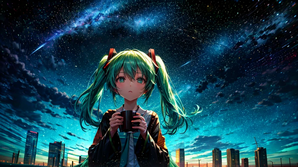 Hatsune Miku drinking coffee in close-up., Look up at the starry sky. Surround her with colorful nebulae and her favorite constellations.