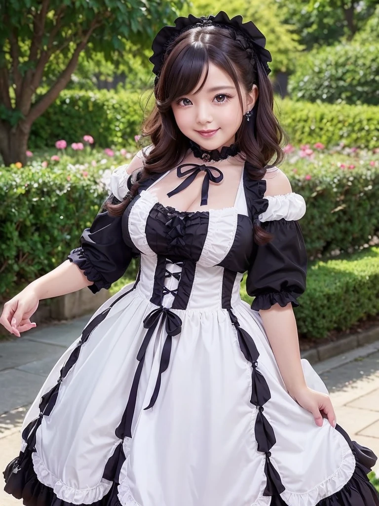 A beautiful and hot almost chubby mature woman.who is wearing a patterned short dress and is and standing in the park. A smiling face、Sexy woman、A radiant smile、adorable、race、Frills、Colorful design、Full-length mirror、An inviting gaze、Gorgeous long and beautiful hairstyle、variation Hairstyle、Open neck blouse、Flower Garden、Sparkling、elegant princess、Smooth Hair、An inviting gaze、Charming、Too cute、smile, Hair blowing in the wind, Decorative art, (((Gothic Lolita Fashion)))