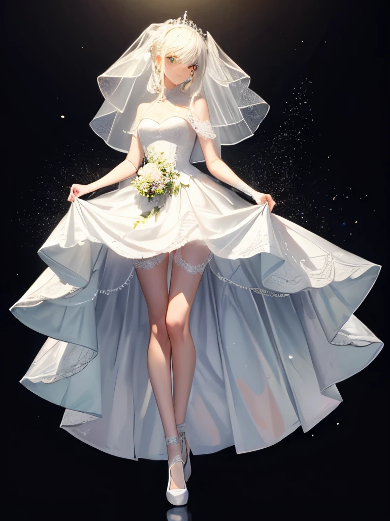 (((White Wedding Dress))), ((Revealing clothing)),((In a naughty way)),Cute little loli,Tiny Lori,Small girl,,Childish face, Very fine clean face,Top quality, Big eyes,Straight Hair,Yellow hair,Crimson Eye,(Dark Room), Subtle light, Natural light,Soft lighting,Light from directly behind, (Are standing), Cute pose, (Open your hands), Showing the whole body,Front view,Black background