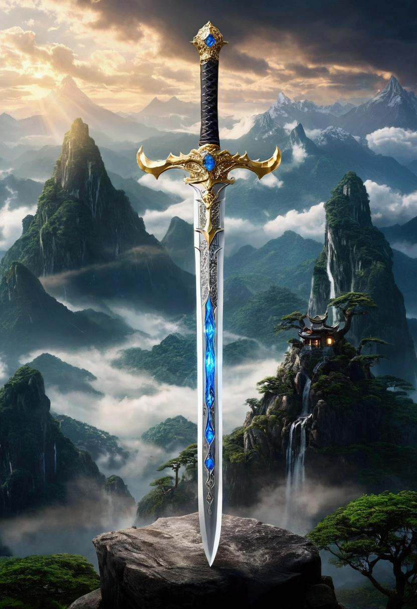 A giant sword inlaid with dazzling gems，There are cool lightning effects around the sword，The sword is decorated with exquisite dragon patterns.。The sword hangs in the mist、In the glorious and peaceful wonderland，with majestic mountains in the background，The sun shines through the clouds onto the sword，Looks mysterious and solemn。