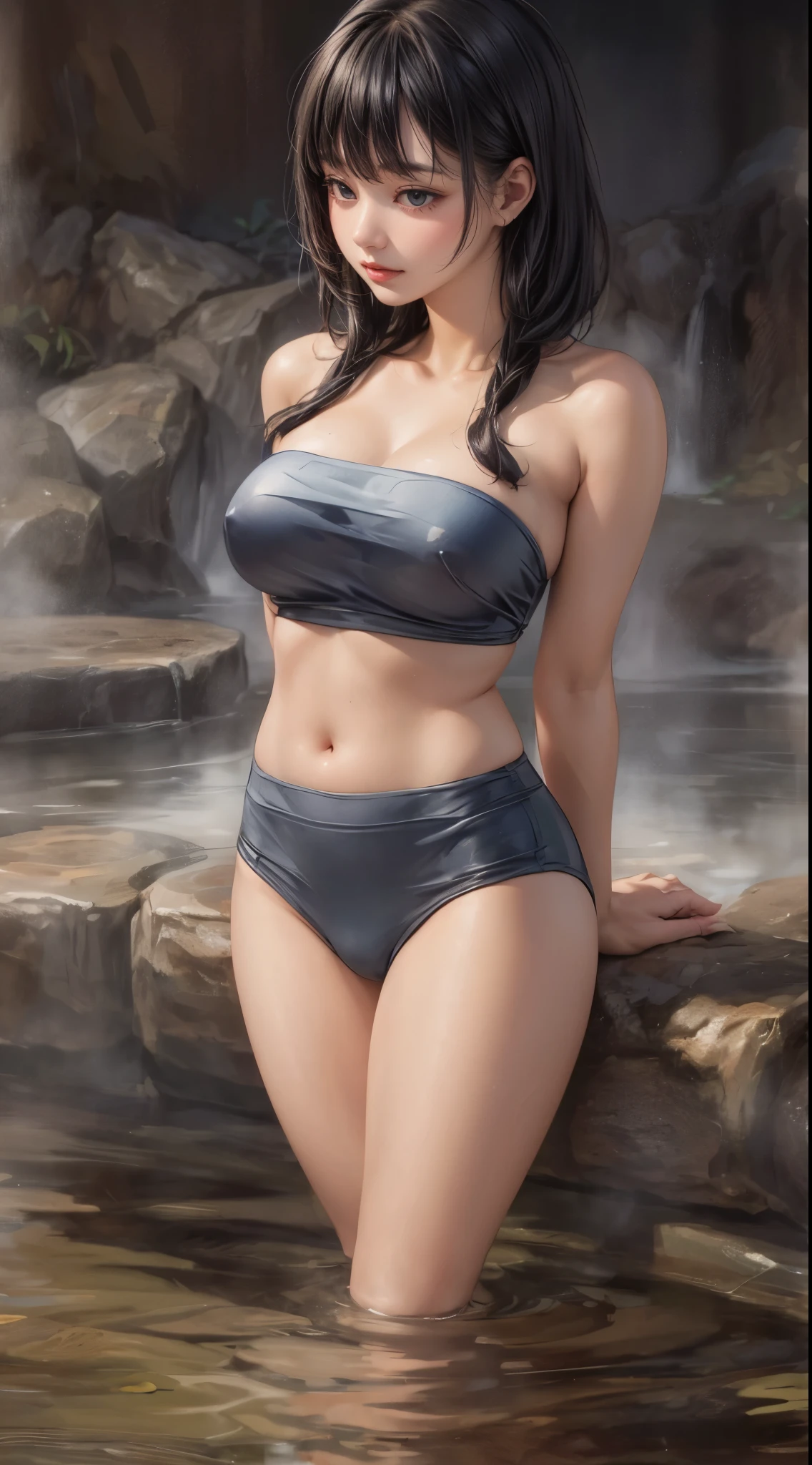 (best quality, photorealistic, ultra-detailed), perfect body proportions, slim fit, (huge breasts:1.3), beautiful woman, relaxing at an onsen