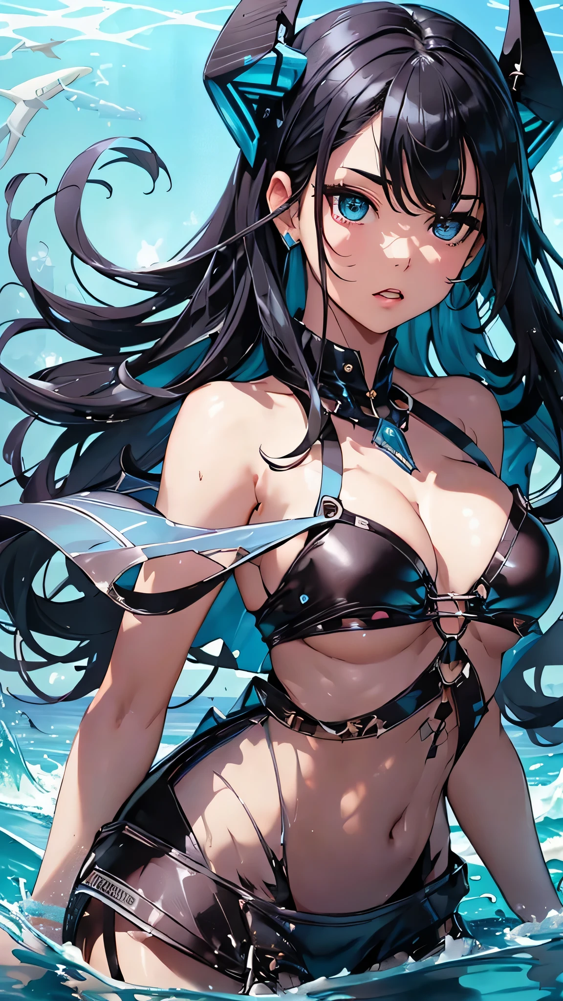 最high quality、Best image quality、masterpiece、With a girl((cute、、Best Bust、Medium Bust、Beautiful Blue Eyes、Spread your chest wide,Black Hair、Disheveled Hair、thin、Highest Valley、Black Bikini(1:3)、My whole body is wet、swim、Sea Floating))high quality、Beautiful art、background((Sea、deep sea、shark)),Tabletop、Exquisite design、Visual Arts、Written boundary depth、Best lighting、Highest detail、8k