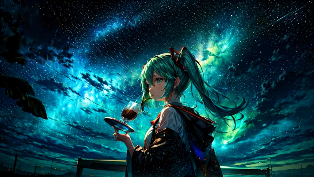 Hatsune Miku drinking coffee in close-up., Look up at the starry sky. Surround her with colorful nebulae and her favorite constellations.