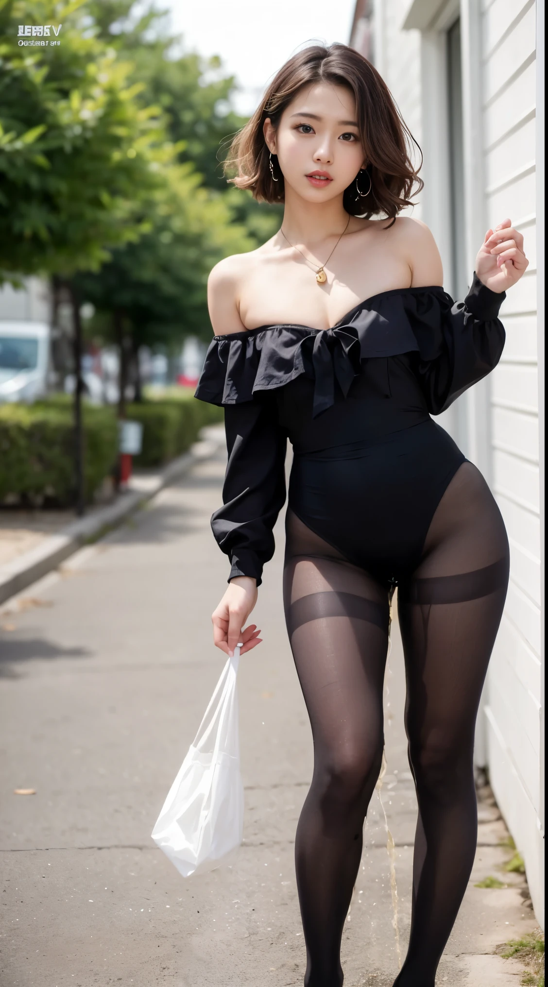 8K, RAW photo, high quality, realistic, natural light, face filling, full body, 20 years old woman, black hair, curly hair, black eyes, small head, perfect chest shape, hip closeup, beautiful eyes, real face, real skin, textured skin, erotic, pantyhose, tease, seduction