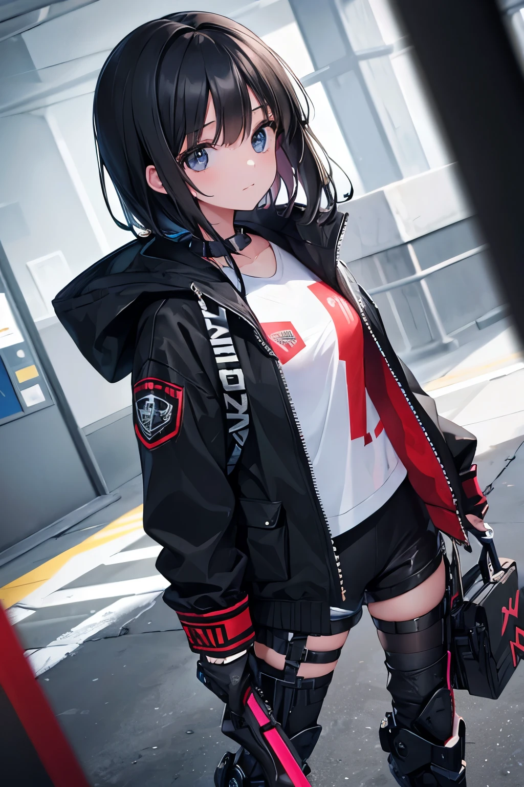 tech wear, girl, black hair, black eyes armory