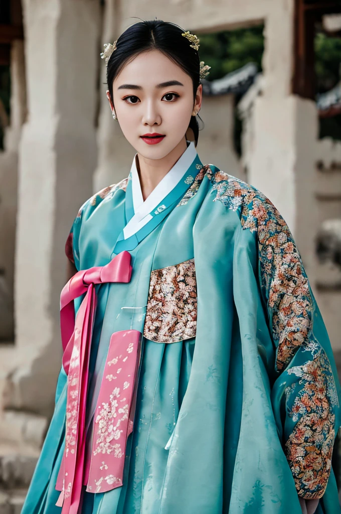 a korean actress starring in a fantasy television drama, film still, shot on a sony alexa, hanbok, edgEF, wearing edgEF eastern clothing, dangui, detailed face, detailed eyes, intricate details, film grain, skin details, high detailed skin texture, 4k, sharp focus, masterpiece, award winning photo, analog style photo, film grain, Full shout