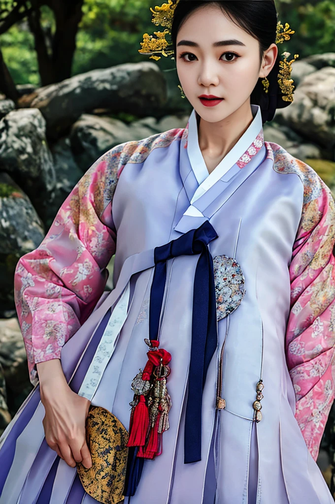 a korean actress starring in a fantasy television drama, film still, shot on a sony alexa, hanbok, edgEF, wearing edgEF eastern clothing, dangui, detailed face, detailed eyes, intricate details, film grain, skin details, high detailed skin texture, 4k, sharp focus, masterpiece, award winning photo, analog style photo, film grain, Full shout