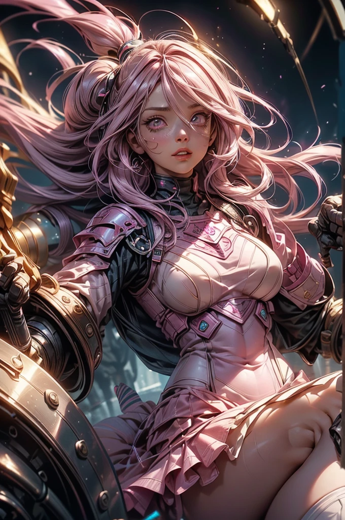 Pink-haired Scandinavian girl wearing half-plate armor and a frilly skirt over a skin-tight bodysuit, (Pink long hair:1.4), Pink Eyes, High resolution (High Dynamic Range), Ray Tracing, NVIDIA, Super Resolution, Scattered under the surface, Anisotropic Filtering, Written boundary depth ,Maximum clarity and sharpness, Surface Shading, Two-tone lighting