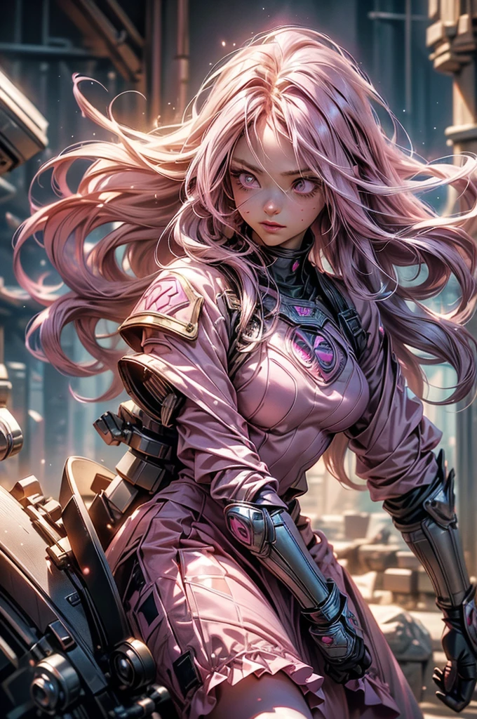 Pink-haired Scandinavian girl wearing half-plate armor and a frilly skirt over a skin-tight bodysuit, (Pink long hair:1.4), Pink Eyes, High resolution (High Dynamic Range), Ray Tracing, NVIDIA, Super Resolution, Scattered under the surface, Anisotropic Filtering, Written boundary depth ,Maximum clarity and sharpness, Surface Shading, Two-tone lighting