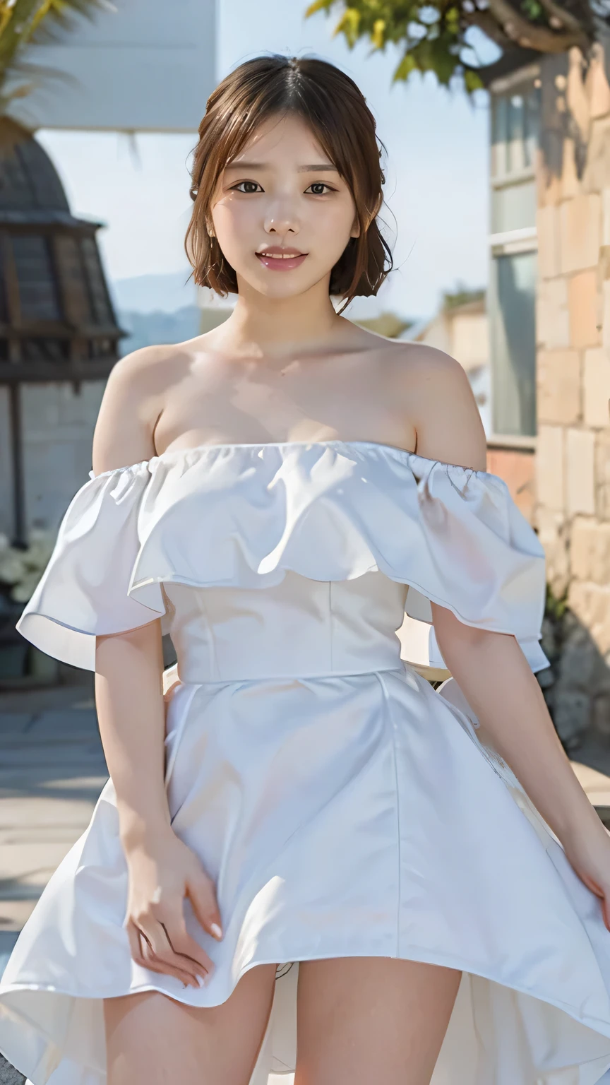 (8k、RAW Photos、Highest quality、masterpiece:1.2)、(Realistic、Realistic)、1 girl、((off-the-shoulder wedding dresses、Veil、Chapel、Short Bob、View from the front、smile、Looking into the camera 、smile、Standing posture:1.8))、cute、Large Breasts、((The skirt flutters in the wind))