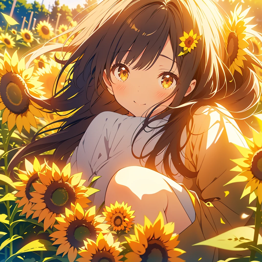 kawaii, anime, Cute, hyper quality, highly detailed, 8k, Clarity, Draw facial expressions in detail, dark brown long hair girl, sunflower, sunflower field, lie down, close both eyes, Good night, gentle sunlight, The wind blows through, Sunflower petals are dancing, 	