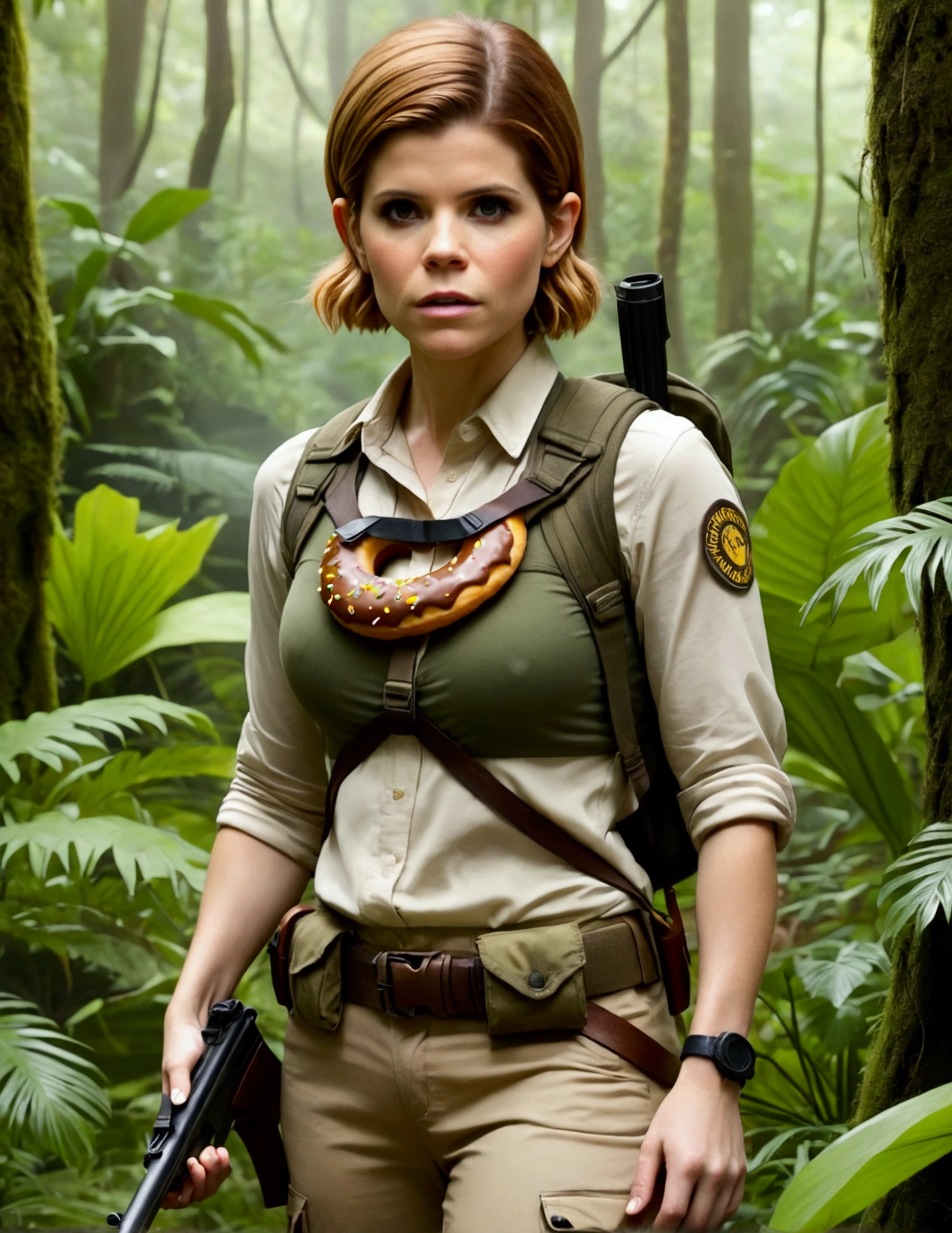 Kate Mara, age 25, rifle in hand, dressed in jungle adventure gear, is stalking a wild Donut in the forest