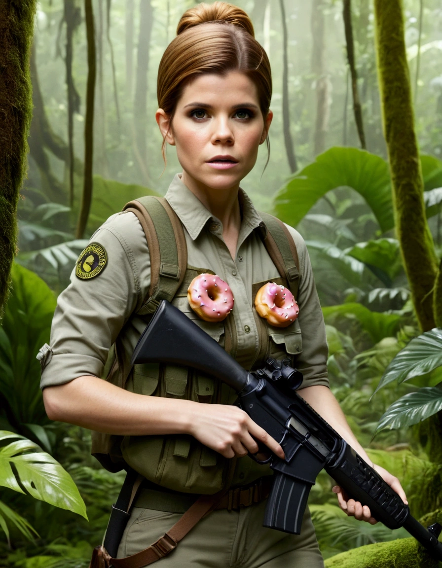 Kate Mara, age 25, rifle in hand, dressed in jungle adventure gear, is stalking a wild Donut in the forest