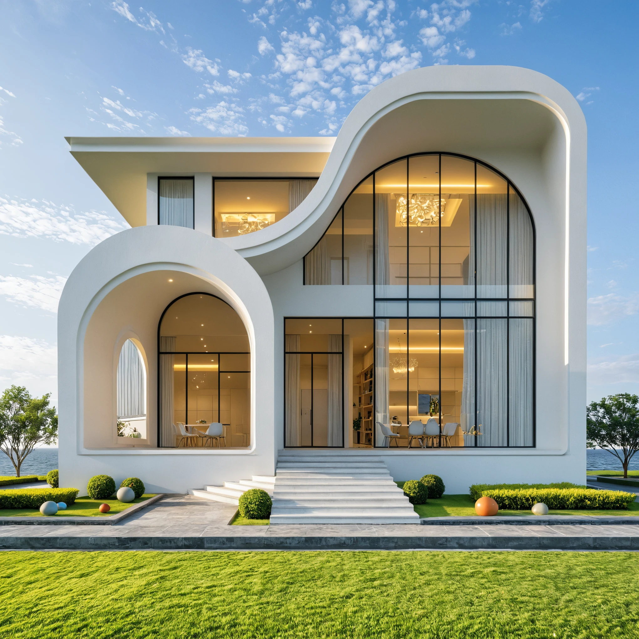 head of'artwork, high quality, best quality, Authentique, Great detail, En plein air, villa de plain-piedXL, groupe aiai, style de maison moderne dans la rue ,stairs, white wall ,road,pavement, grass, trees, sky, nuvens, (day light:1.1)