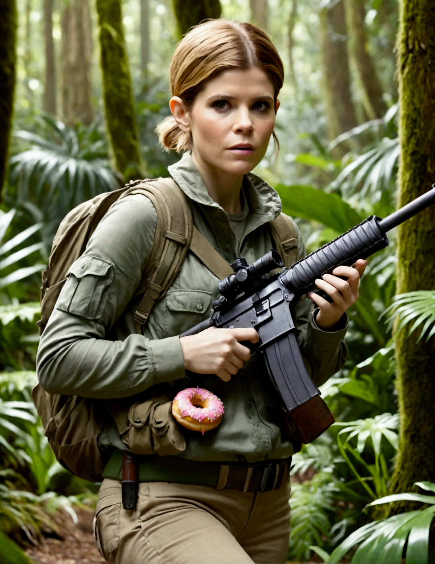 Kate Mara, age 25, rifle in hand, dressed in jungle adventure gear, is stalking a wild Donut in the forest