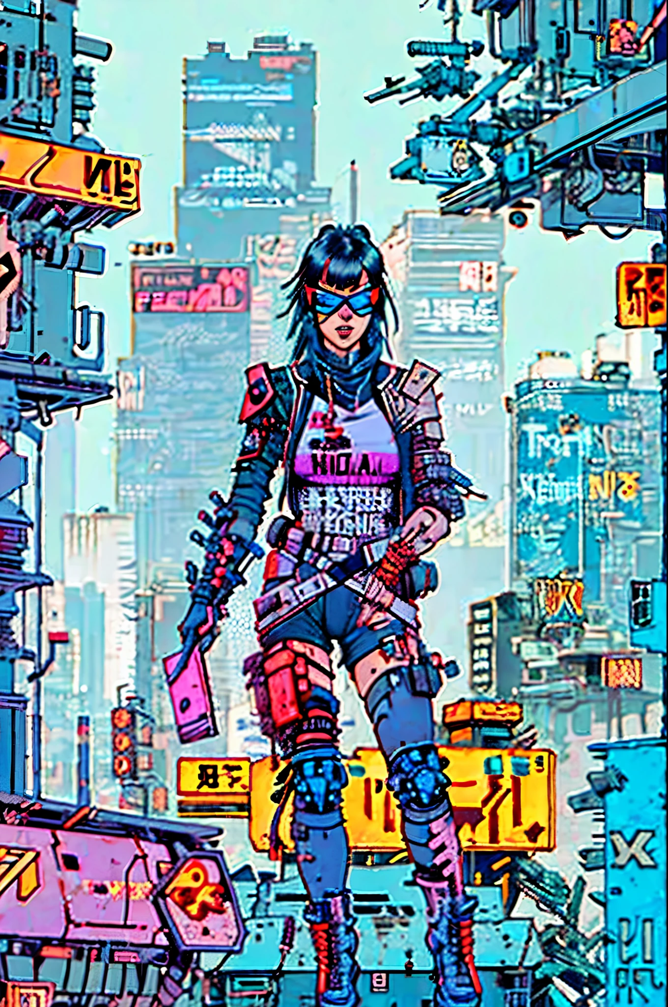 (cyberpunk, 4k) In a dystopian metropolis, a cyborg ninja makes her way through the shadows of neon skyscrapers, photographed with a Fujifilm GFX 100S.