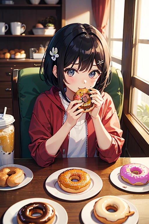 Highest quality、Black Hair、Iris、short hair、girl、cute、、、Small hair ornament、1 person、Eating a donut、Eat a lot、Eat with relish、A pile of donutouth-watering look、