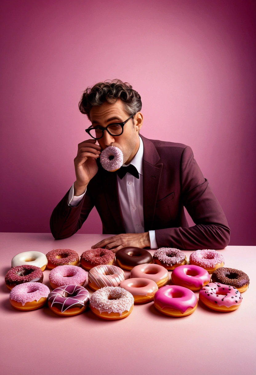 (Eating Donuts), rococo style portrait oil painting with elegant and ornate details, pink accents and pastel colors, full body, award-winning, cinematic still, emotional, vignette, dynamic, vivid, (masterpiece, best quality, photorealistic, Professional, perfect composition, very aesthetic, absurdres, ultra-detailed, intricate details:1.3)