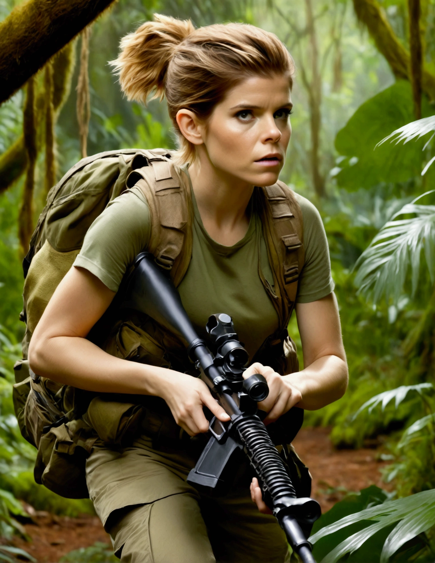 Kate Mara, age 25, rifle in hand, dressed in jungle adventure gear, is stalking a wild Donut in the forest