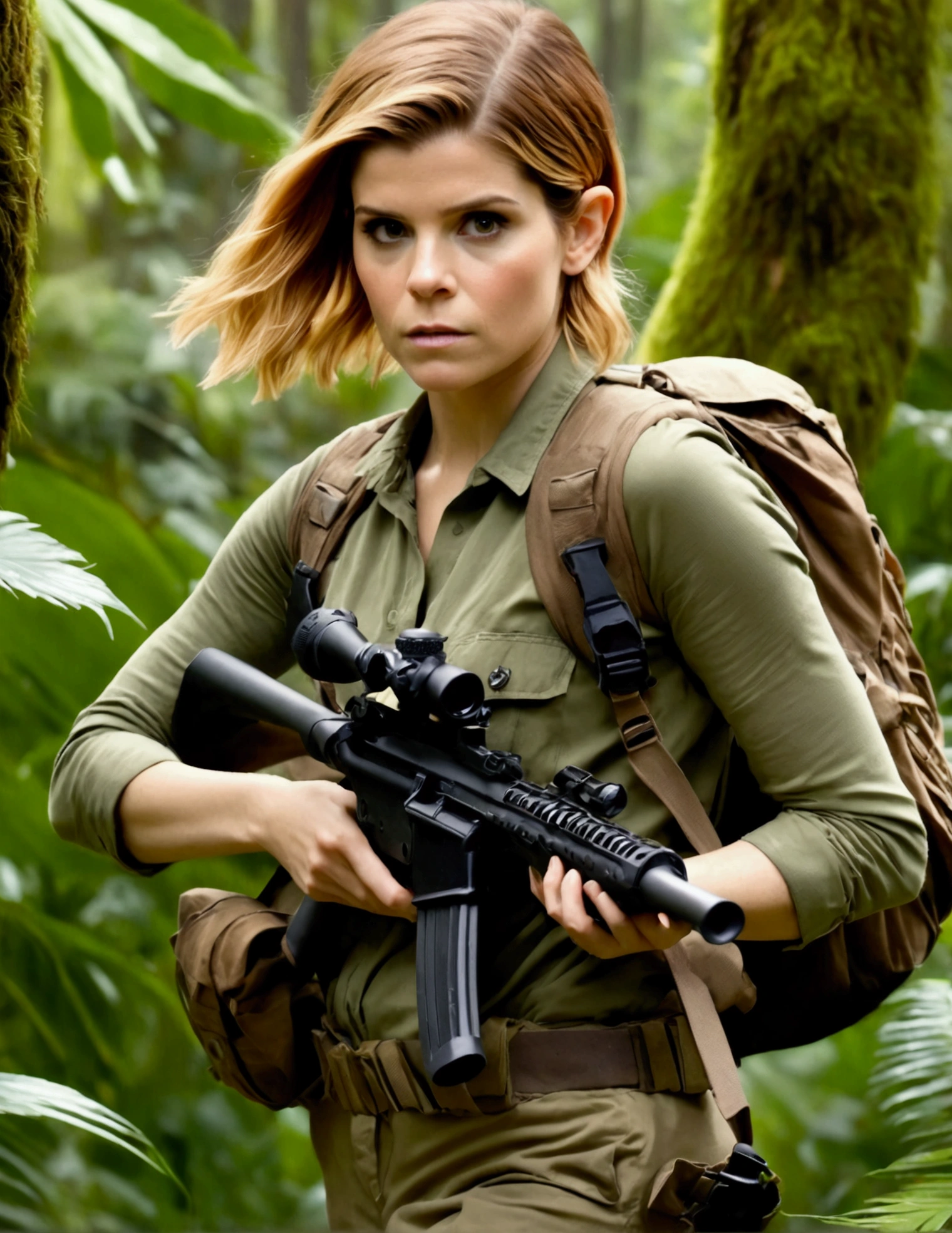 Kate Mara, age 25, rifle in hand, dressed in jungle adventure gear, is stalking a wild Donut in the forest