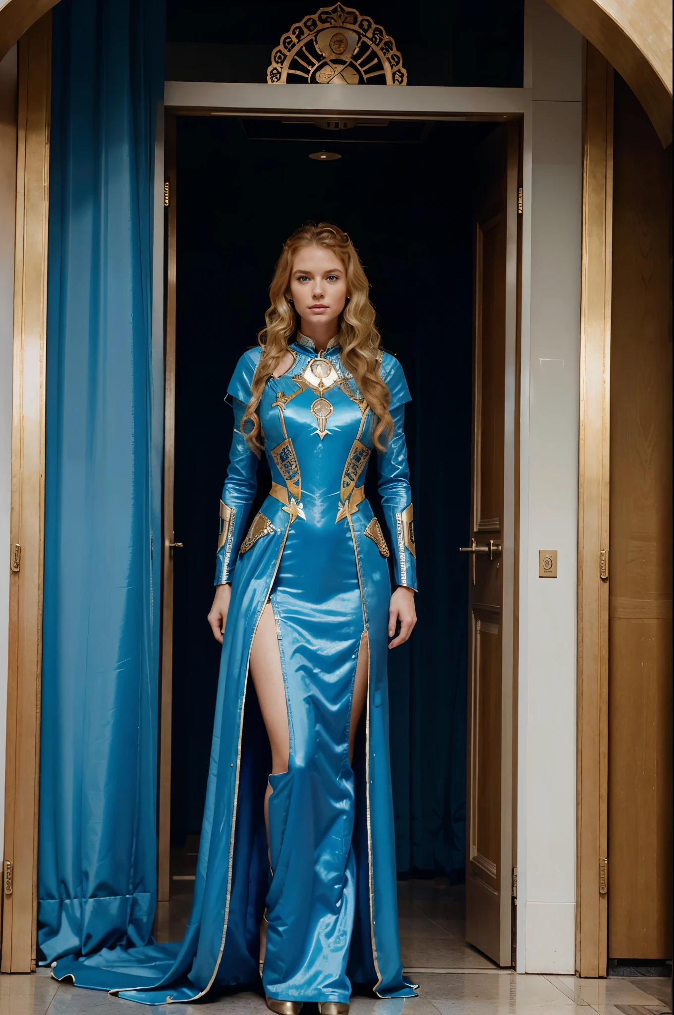 Standing and making a speech at the United Nations, a woman 30 years old white woman she has wavy hair, she has red and blond hair, blue eyes, slim face and nose, slim, wearing a long futurist royal dress, mix of armor and dress, futurist crown.