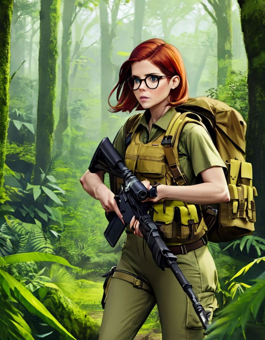 Kate Mara, age 25, rifle in hand, dressed in jungle adventure gear, is stalking a wild Donut in the forest
