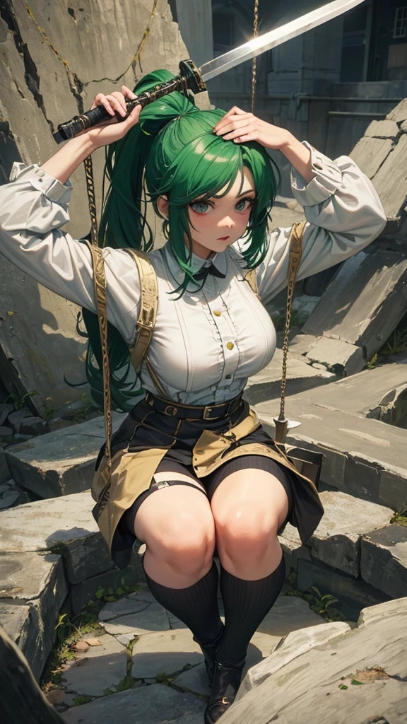 (masterpiece, 4K ,Super detailed:1.2), (anime:1), (Perfect quality), (Cold-hearted), (((Adult body))), ((Swinging a big sword, Combat Ready)), The whole body is shown, View Viewer, Medieval female knights, ponytail, black suspender stockings，Green Hair, Combat Ready