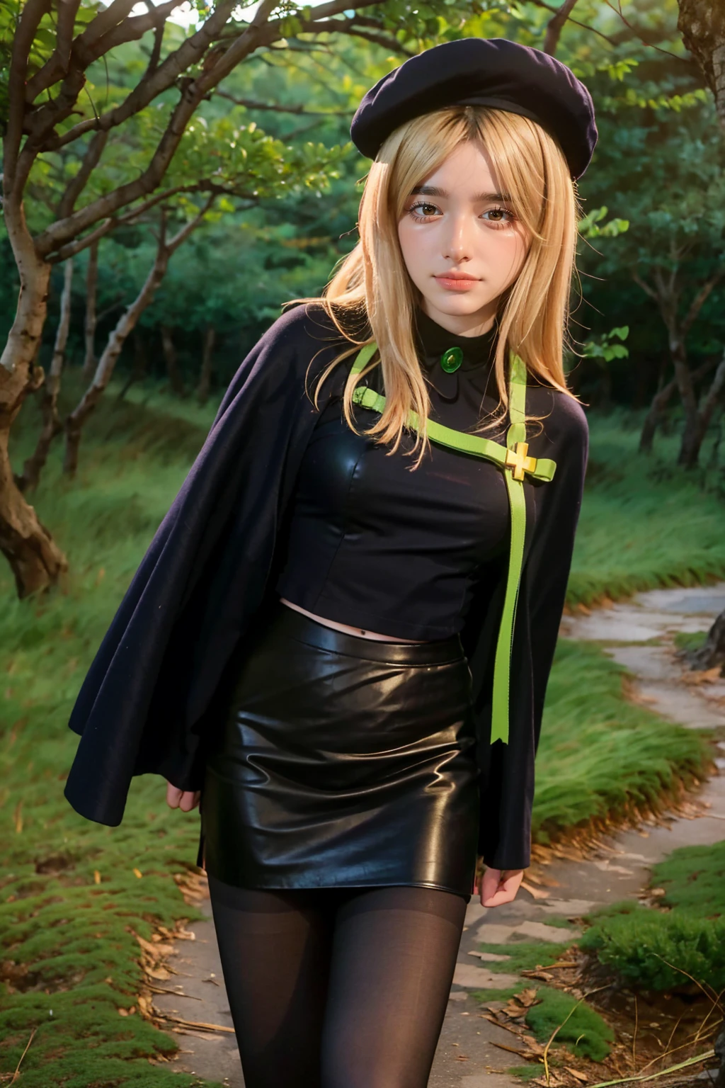 1 girl, best quality, ((Miyo)), tarankaaa, perfect face, NOT Dasha Taran, beautiful smile, 30 years old, ((ascot,uniform, black skirt, cross, ribbon, gold blonde hair, emerald, beret, cape, pantyhose)), ((perfectly drawn hands)), perfect body, bare tree, bush, fog, forest, grass, nature, outdoors, plant, scenery, solo, standing, tree, 32k photograph, ((perfect eyes, detailed eyes,realistic eyes)), ((sharp face, detailed face, realistic face, natural skin, realistic skin, detailed skin, pores)), full body, tone mapping, asian-european, ((masterpiece)), ((highres)), ((detailed background)), japanese village background, night, big proportions, (abdomen is covered)