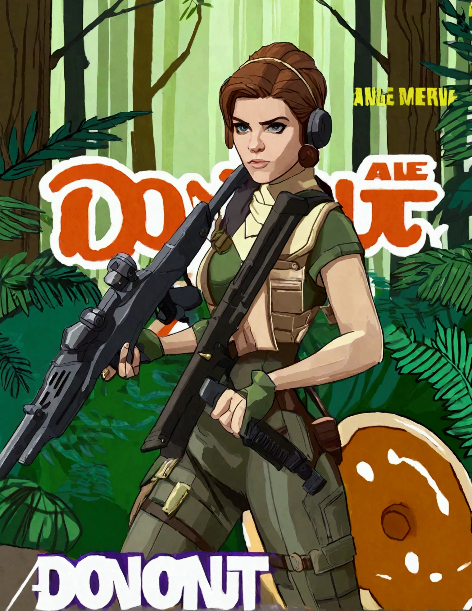 Kate Mara, age 25, rifle in hand, dressed in jungle adventure gear, is stalking a wild Donut in the forest
