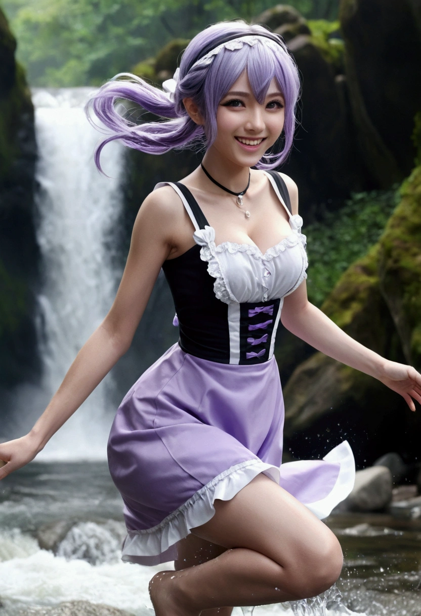 waterfall, river, stones, water splash, black and white maid dress, graceful, smile, running on river, adult, 1 girl, elf, toned skin, anime, look at viewer, (light purple hair), straight hair, show body to viewer, best quality, highres, 8k, masterpiece, anatomically correct, super detail, textured skin, diamond face shape, so huge breast, fit body, beautiful, fantasy, anime style, anime painting, happy, joyful, laughing