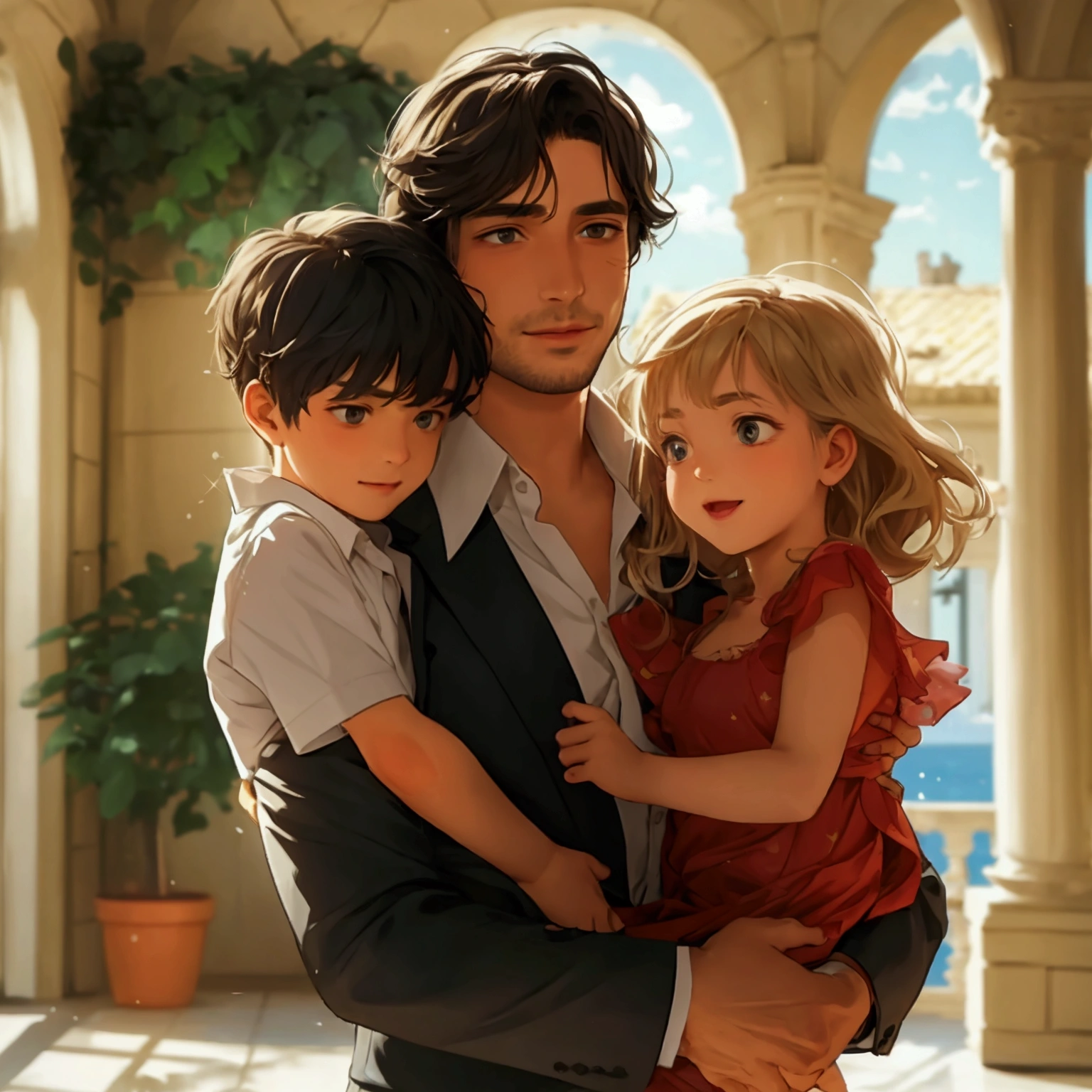 A heartwarming scene in a modern, elegant mansion in Pula, Croatia. A young father in his 30s, dressed in a business suit, has just returned home from work. He lovingly and warmly embraces his playful and innocent twin children, a boy and a girl, lifting them up in a tight hug. The children, full of joy and innocence, cling to him with bright smiles. 

The setting is bathed in the golden light of a clear summer evening. Sunlight streams through large windows, illuminating the spacious living room and the view of a beautifully landscaped garden and the sparkling Adriatic Sea beyond. 

The father, secretly imagined as Constantine I, conveys deep love and forgiveness to his children, who are subtly represented as Crispus and Fausta. There is a profound sense of reconciliation, healing, and renewed bonds, symbolized by subtle hints of ancient Roman elements in the home's decor. The scene exudes warmth, peace, and a sense of restored relationships.
、divine atmosphere、A paradise of greenery and flowers、heaven、Blessings and Blessings、Beautiful fece、brilliance、ultra-quality、Ultra-high resolution、ultra-definition、Super beautiful、​masterpiece、
