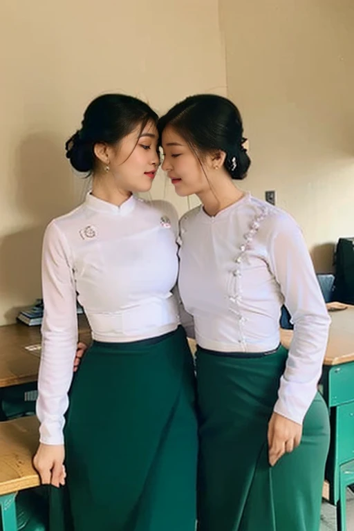 The two teachers looked at each other..2 school teachers is 30years old.Tall, thin, big hips, big breasts, black hair, small lips, brown eyes, attractive, K.Top=white Burmese blouse,With long sleeves,Buttoned at the side.Bottom=(Dark green) long skirt.
Footwear=female Burmese sandals,The hair is knotted bun.kissing