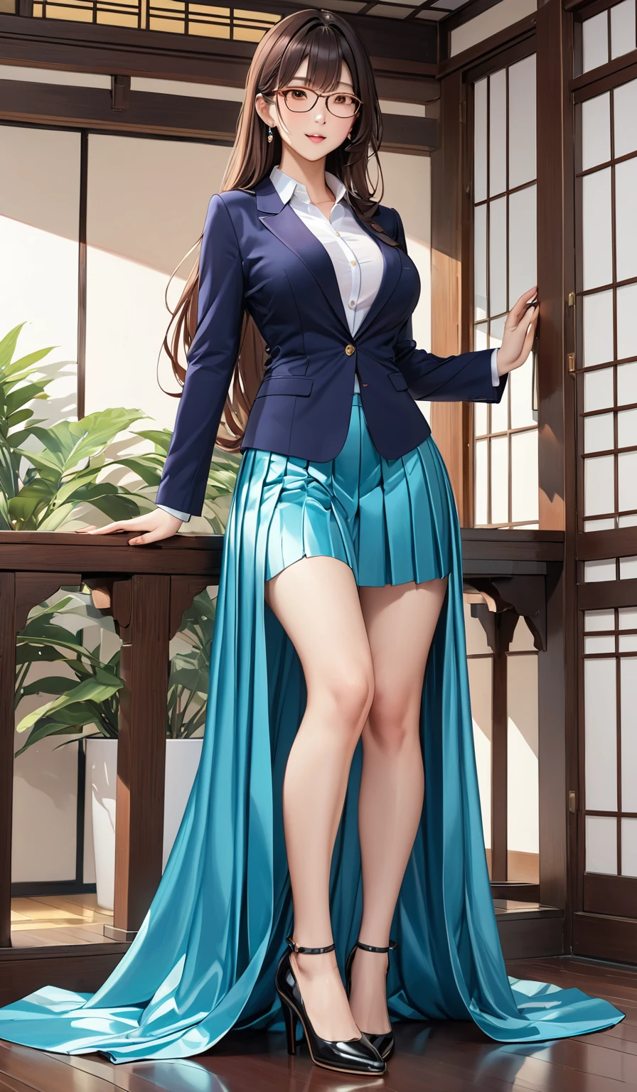 (masterpiece,highest quality,超A high resolution),japanaese girl with long hair (((Very beautiful 35 year old girl))), pretty woman, a woman in the flor - length pleated skirt,the skirt is very long, full body, wear sexy blazer, wear sexy blouse, wear glasses,long satin, flowy dramatic long skirt,body height 165, random pose, wear high heels,  masterpice  (Shiny long train pleated skirt )