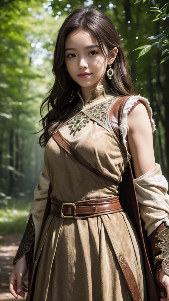 (((perfect young minami hamabe)))(Ultra-High-Definition)(masterpiece)(textured skin)(Very detailed)(good quality)(最good quality)(first-person perspective) (16K )(dramatic perspective),upper body,smile, suede armor, ranger, lord of rings style, fantasy forest,Woman like a model, uhd, masterpiece, trending on artstaion, intricate detailes, award winning foto, cinematic, earrings,
