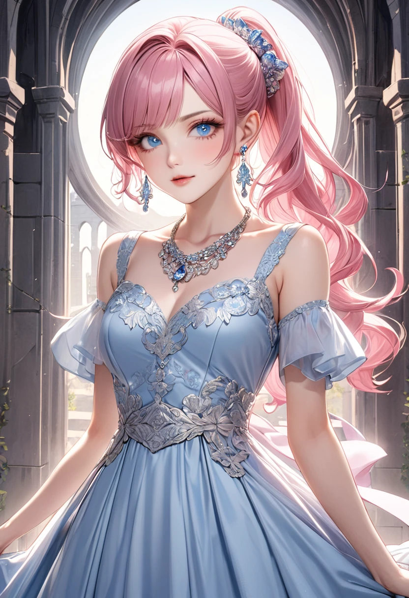 1 female Pink ponytail Pink eyebrows Dull light blue eyes Socialite debut Light blue long dress with silver embroidery Inside the castle full moon hair ornaments Gorgeous necklace with matching earrings Silver waist