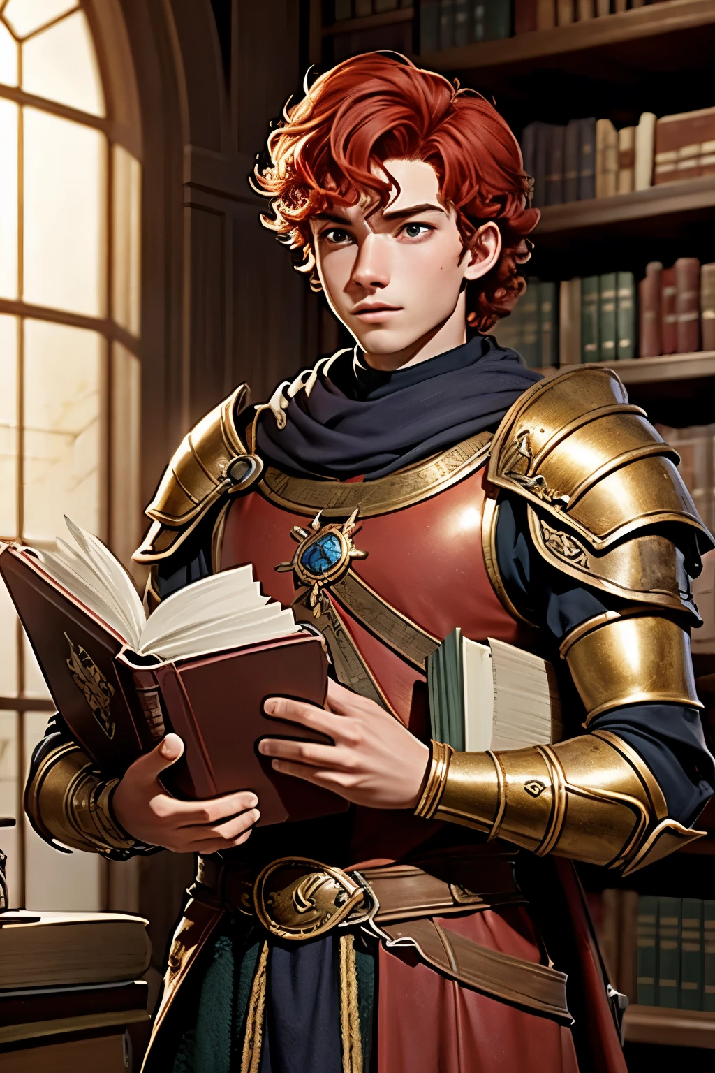 A 20 year old young man, curly red hair, shy features, skin fair, wearing silver and gold armor, carrying books in an old library, in an RPG-themed medieval time