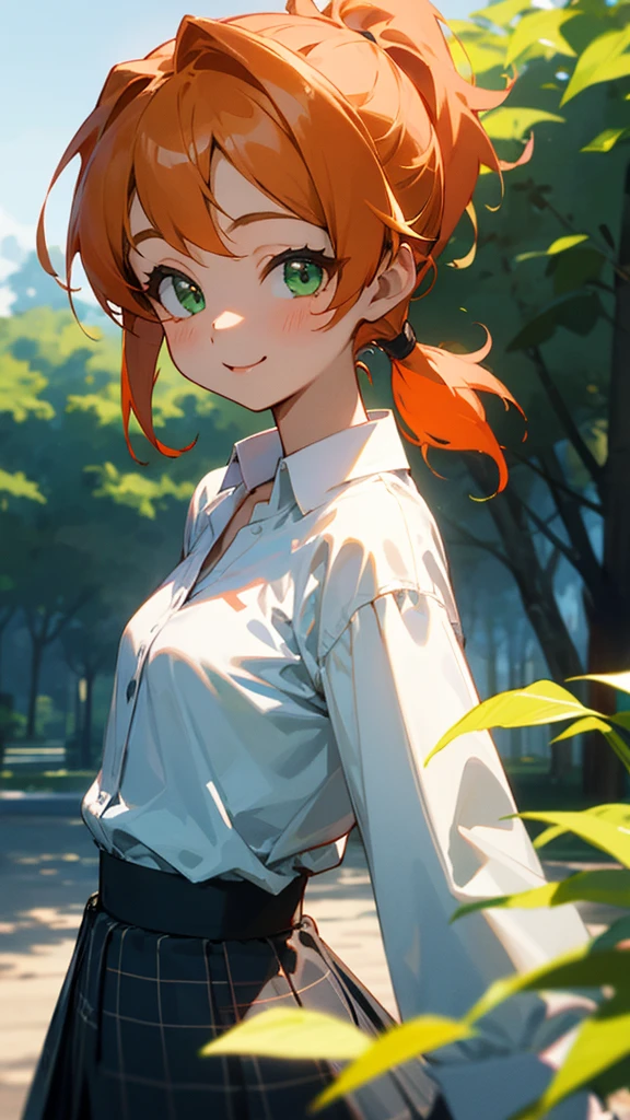 16-year-old girl、Orange Hair、ponytail、Beautiful green eyes、Small breasts、From the back、smile、white blouse shirt、Checked skirt、wood々Under the bright sunlight shining through、Sharp contours