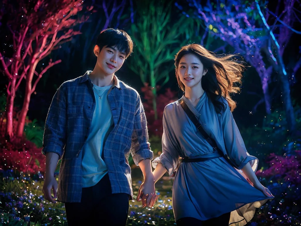 A captivating cinematic portrait photograph that captures the essence of a young Korean couple in a magical, dark fantasy setting. The man is dressed in a trendy flannel shirt, while the woman dons a breathtaking flowing tunic. They stand hand-in-hand, their eyes locked in a loving gaze, as they share a radiant smile for the camera. As the wind playfully tousles their hair, the colorful forest around them comes alive with starlight and glitter, creating an enchanting atmosphere that flawlessly combines fashion and fantasy. The low-angle shot adds a dramatic touch, making this a truly mesmerizing image., photo, cinematic, dark fantasy, portrait photography, fashion

