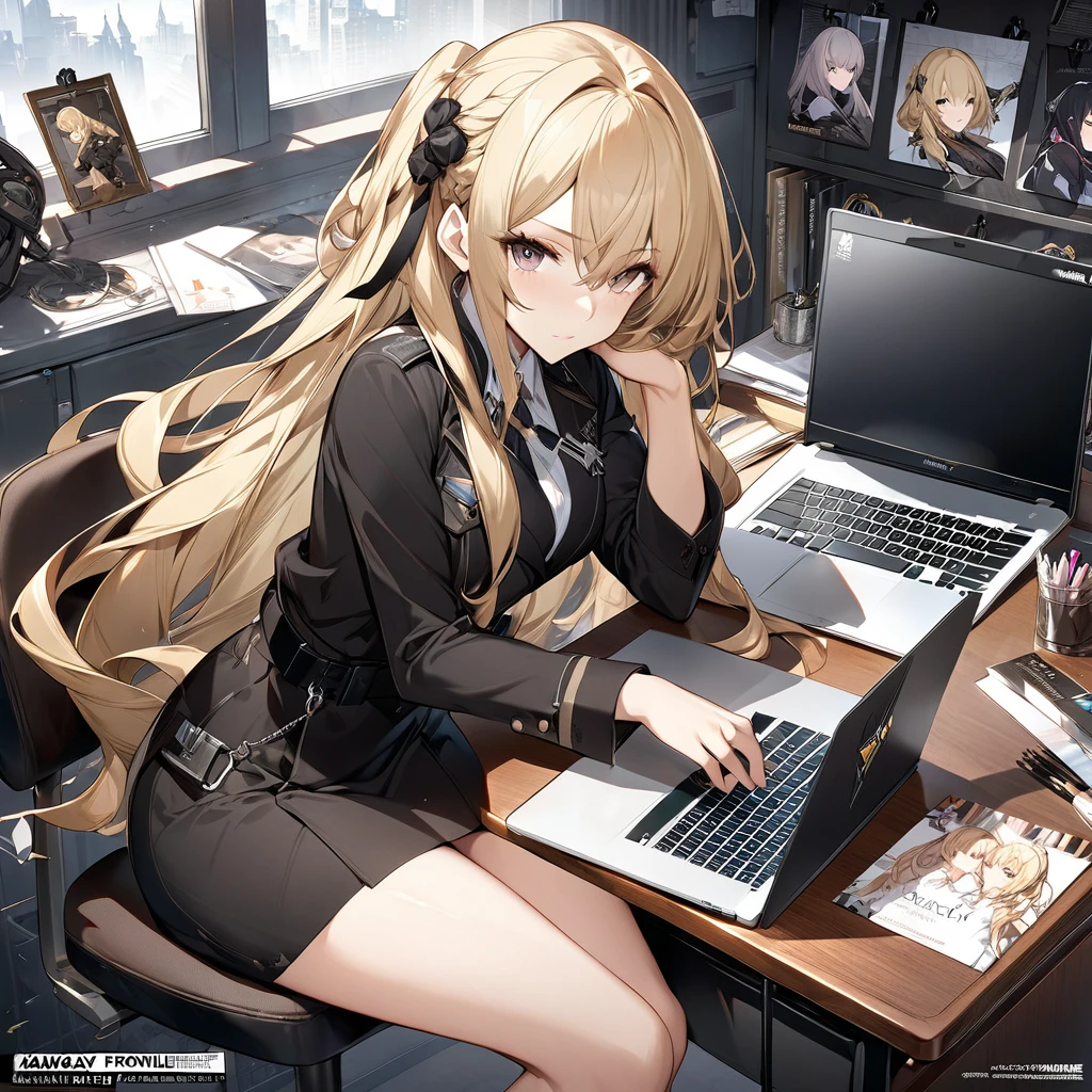 anime - style image of a woman sitting at a desk with a laptop, official art, on a desk, official character art, blonde anime girl with long hair, cushart krenz key art feminine, high detailed official artwork, sat at her desk, from girls frontline, official character illustration, seductive anime girl, kawacy