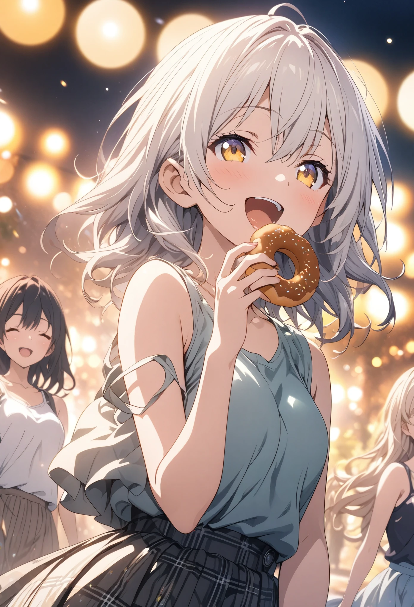 Two girls eating donuts, masterpiece, Highest quality, Highly detailed CG Unity 8K wallpapers, High  Girl Anime Illustration. Wear an oversized tank top, She is wearing a red and black checked skirt.., Healthy pose, She closes her eyes and opens her mouth wide, smile. white hair color, Yellow Eyes, bokeh photography, (soft focus):1.2, out-of-focus highlights, dreamy ambiance, glowing circles, mesmerizing depth