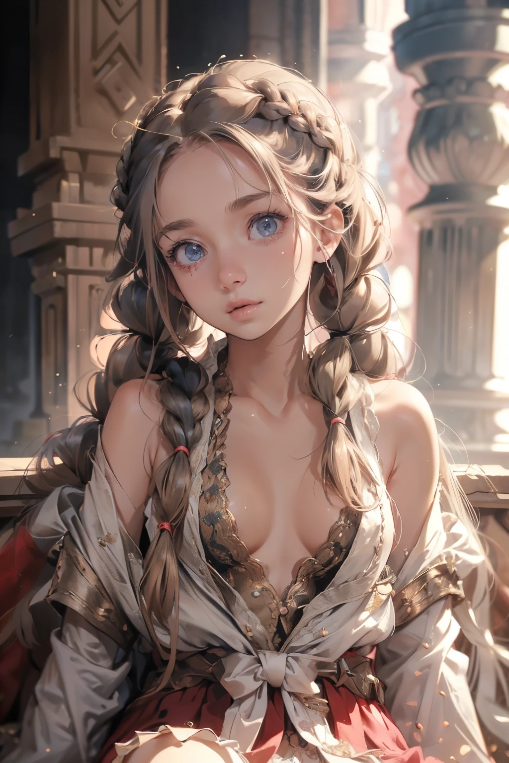  ((best quality)), ((masterpiece)), (detailed), 1girl, off-shoulder baggy sweater,clothes too big exposing chest,(little chest),(big forhead:1.2),(beautiful big eyes:1.3),extremely detailed cute anime face, (((flat chest))),((((long twin braids,tight braids,long braid,braided hair,long hime cut,colored inner hair)))),intricate eyes,beautiful detailed eyes,symmetrical eyes,(((detailed face))),beautiful detailed lips,(nsfw)), ((downblouse, upskirt)),(baggy, sagging clothes, upskirt, downblouse), dynamic pose,looking at viewer, (((embarrassed))),(horrified expression),(crying),highres,(best quality),(ultra detailed,extremely detailed),perfect face details, ((masterpiece:1.4, best quality))+, (ultra detailed)+, long twintails, cute girl,blue clothes, (flat chest:1.3), NSFW, small breasts, prominent collarbones, skinny arms, flat stomach, visible hip bones, long hair, red hair, white hair, blonde hair, dark hair, ponytail, thick ponytail, heavy ponytail, small breasts, NSFW 