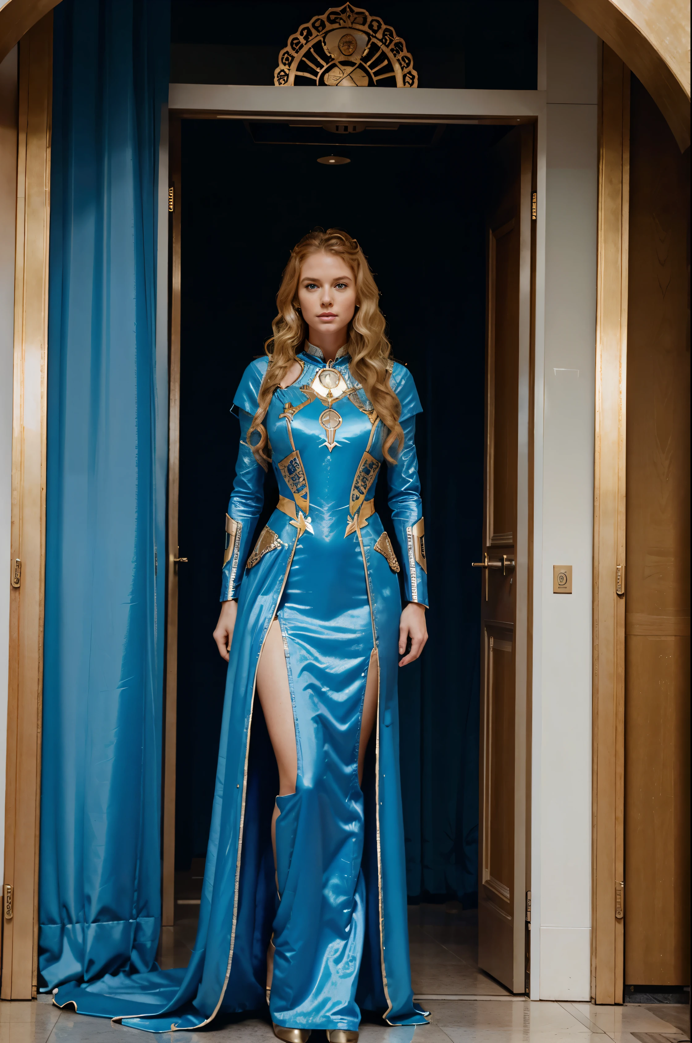 Standing and making a speech at the United Nations, a woman 30 years old white woman she has wavy hair, she has red and blond hair, blue eyes, slim face and nose, slim, wearing a long futurist royal dress, mix of armor and dress, futurist crown.
