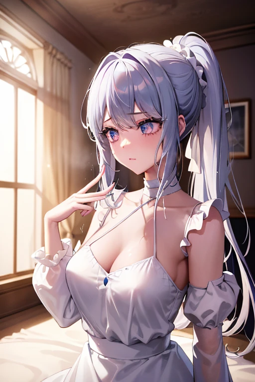 Silver Hair、Twin tail hair、Ponytail Hair、A pure white negligee with an open chest、dress、Frills、Princess Hair Ornament、beautiful girl、Perfect hands、Blue eyeiniskirt、Luxurious Room、The setting sun shines in、Ahoge、Large breasts、Highest quality、High resolution