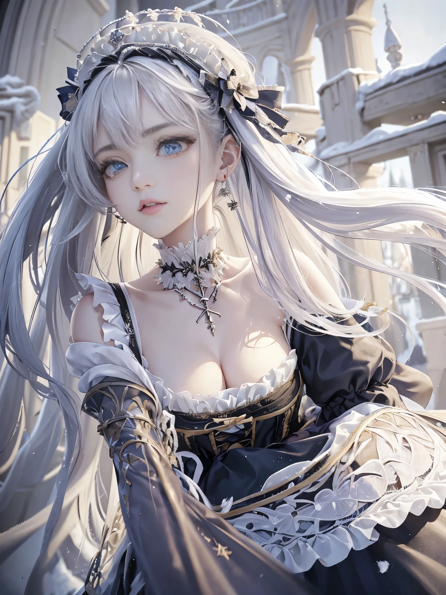 ((masterpiece:1.5,highest quality,Highly detailed images,Beautiful images、Realistic、Photorealistic、2.5D))(1girl, solo)(cute girl, medium breasts, white hair, aqua eyes、Beautiful big eyes、Sharp jaw、Small Nose、Narrow waist、Thin legs、Ideal body type、The collarbone is beautiful)(lolita fashion、Cape、Heavy coat、Snow Field、Gothic Style)(Beautiful, shining hair, floating hair)(heavy snow、dead tree)
