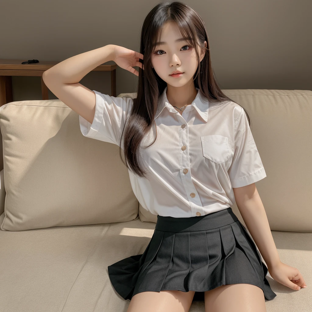 A Cute Korean 18 Year Old Girl , Wearing ( shirt And half skirt ) Very Cute , realistic ,8k Image , High Quality , young , VerHot ,