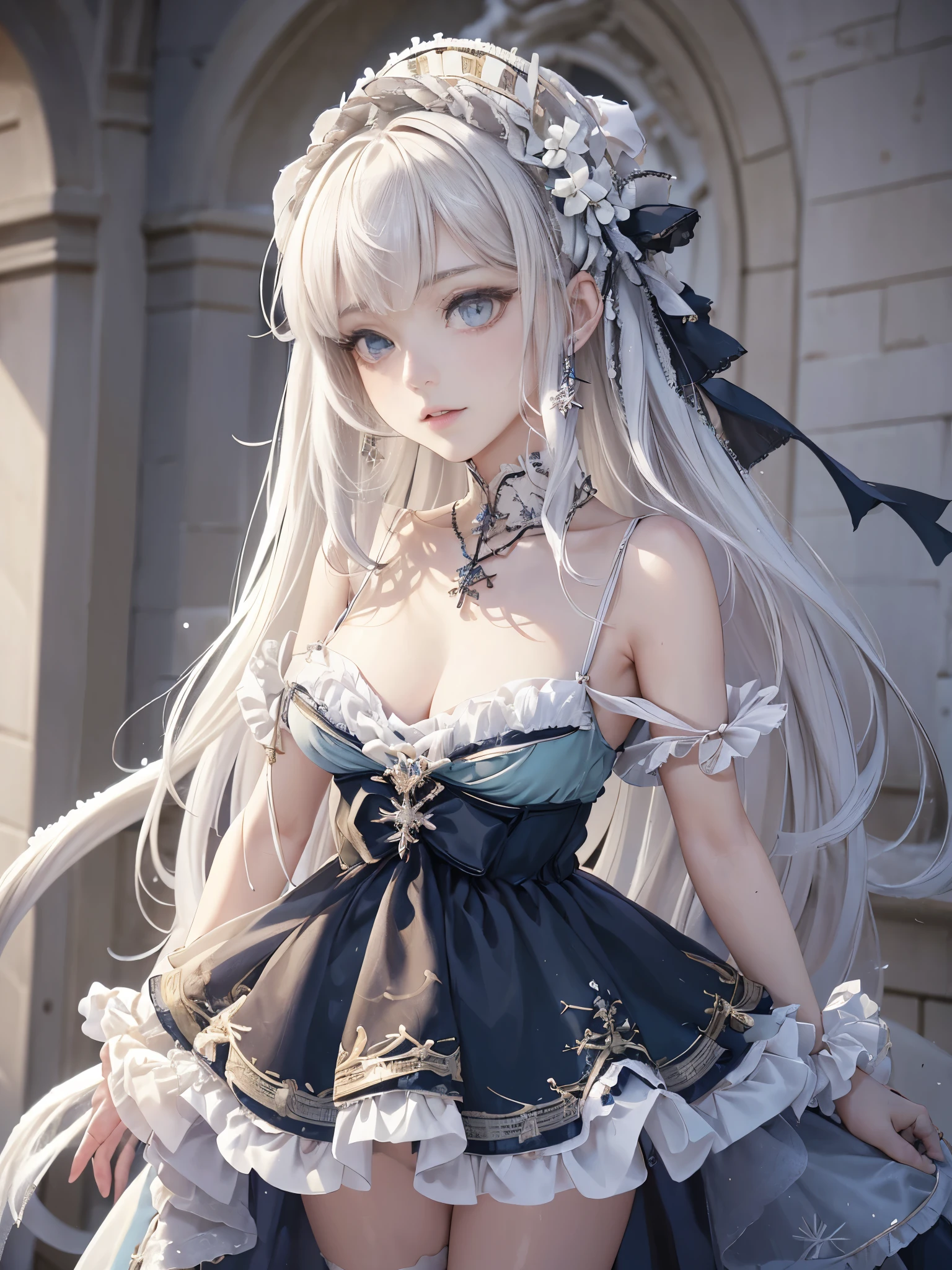 ((masterpiece:1.5,highest quality,Highly detailed images,Beautiful images、Realistic、Photorealistic、2.5D))(1girl, solo)(cute girl, medium breasts, white hair, aqua eyes、Beautiful big eyes、Sharp jaw、Small Nose、Narrow waist、Thin legs、Ideal body type、The collarbone is beautiful)(ta fashion、Cape、Heavy coat、Snow Field、Gothic Style)(Beautiful, shining hair, floating hair)(heavy snow、dead tree)