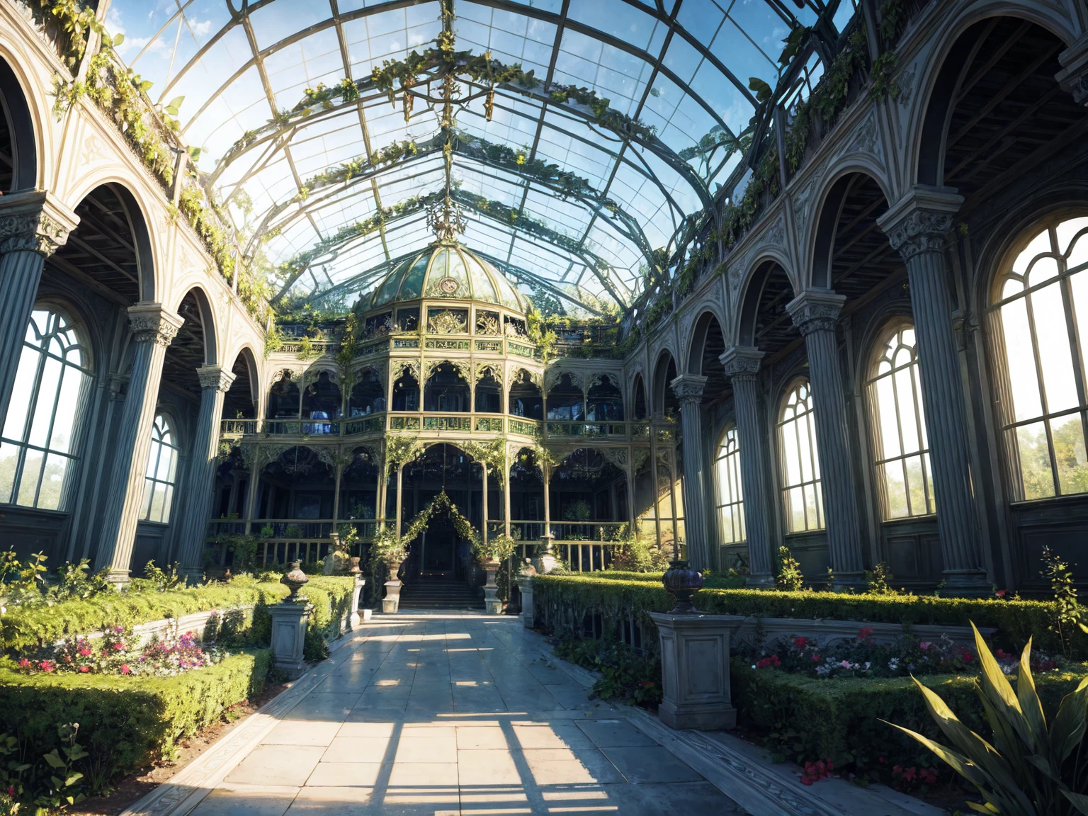 Ornate Victorian greenhouse surrounded by lush botanical garden, Victorian era, designed by famous architect, winning award photography --chaos 5 --ar 16:9 --style raw --sref 1234567890 --stylize 900