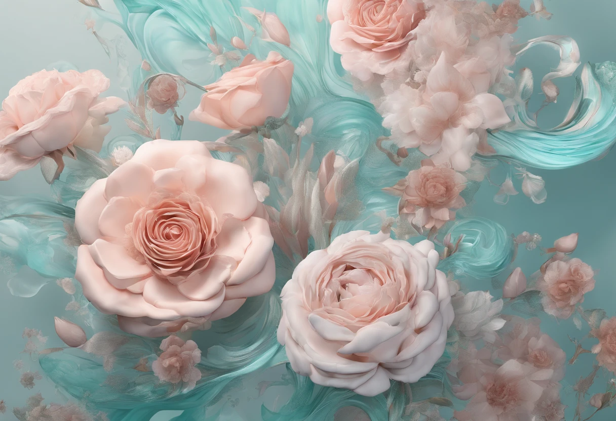 Whimsical Fantasy、Elegant rose flower、botany、Minimalism、Wave-like flower garden、Flowing flowers floating in a hazy pastel pink, Aqua Green, Pastel apricots, Smoke Fractal, There is a good atmosphere、Very realistic flowers, Octane Rendering, Josephine Wall Art, Isabel Menin, Jean, Amy Brown