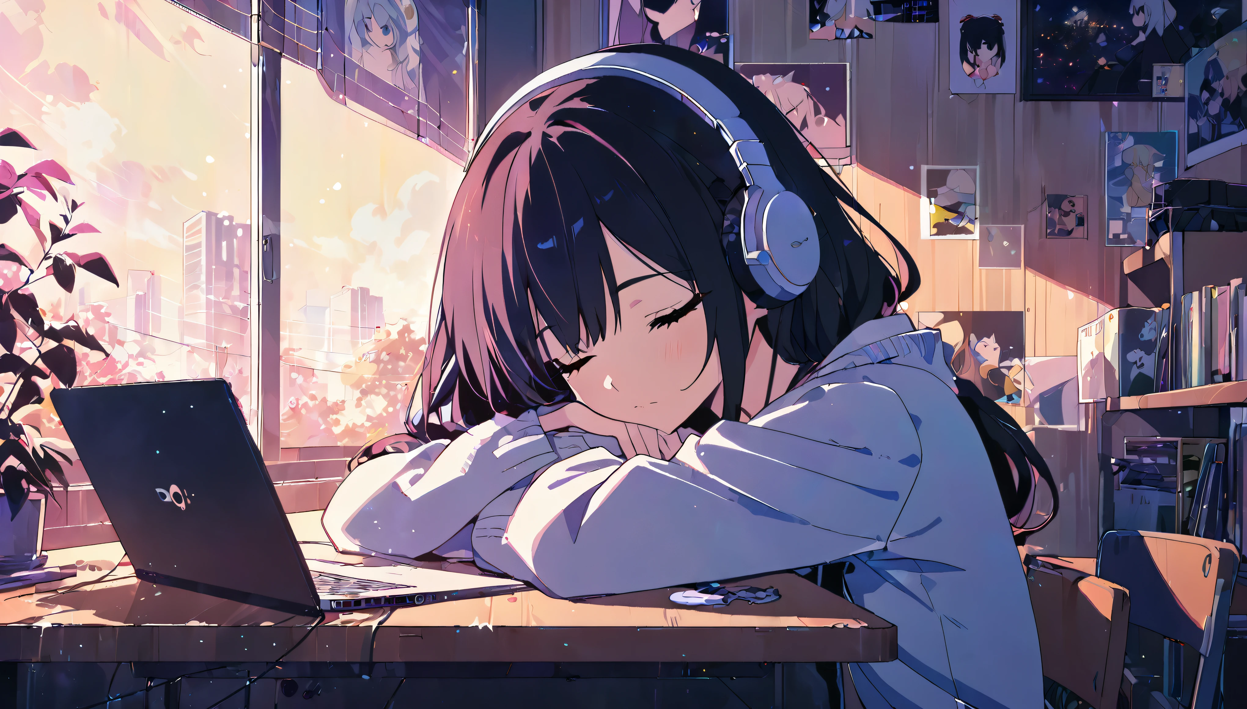 Anime girl sleeping on a desk with a laptop, Nightcore, listening to music at 2 am, Lo-fi art style, LOFI Girl, Anime Style 4k, Anime Aesthetics, Anime atmosphere, anime art wallpaper 4k, anime art wallpaper 4k, Lo-fi feeling, relaxed mood, Gweiz-style artwork, Portrait of Rofi