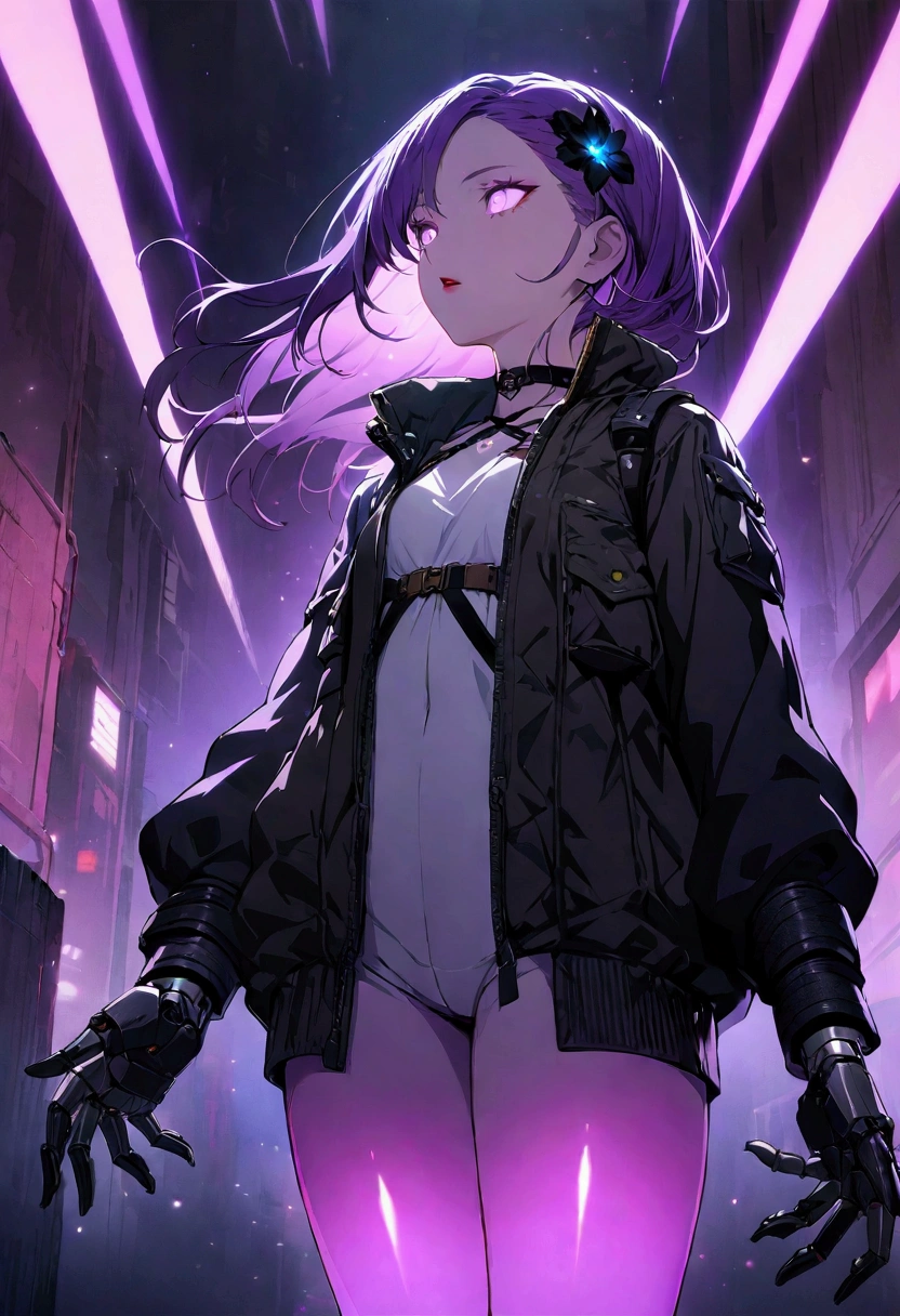 masterpiece, best quality, (Highly detailed CG Unity 8k wallpaper) (best quality), (Best Illustration), (Best shadow), beautiful girl, Look away, Small Breasts, Wearing a rugged jacket, Robotic Arm, Hair accessories,(Glowing skin),Red lips, Open your mouth, Cyberpunk Background, Extremely exquisite and beautiful, (Floating purple hair), Delicate face, Neck strap, (Mysterious atmosphere), flash:0.8,Light rising from the bottom, A bunch of glowing white particles floating, Many small fires floating,